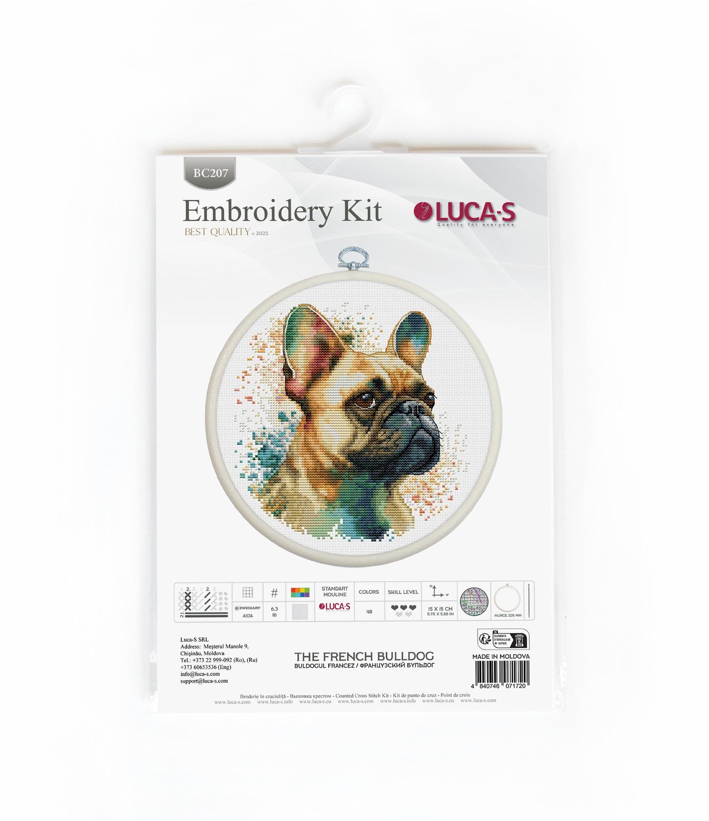 Set de brodat în cruciuliță cu cercul de brodat inclus- BC207 Buldogul Francez